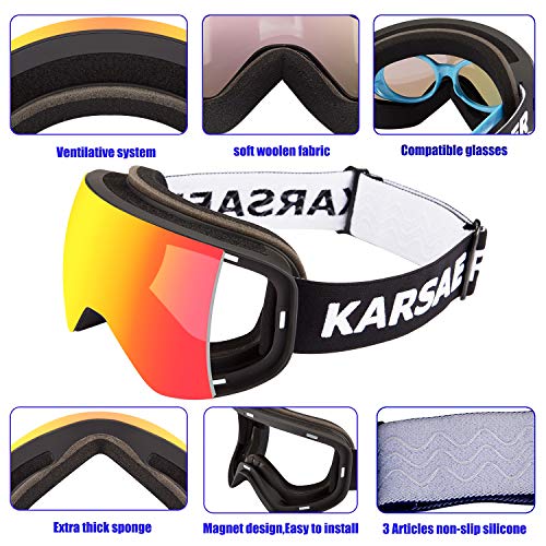 Karsaer Ski Goggles Snowboard Snow Goggles OTG Magnet Dual Layers Lens UV Protection Anti-Fog UV Protection Scratch Resistant Anti-Slip Strap for Men Women - Thumbnail 2