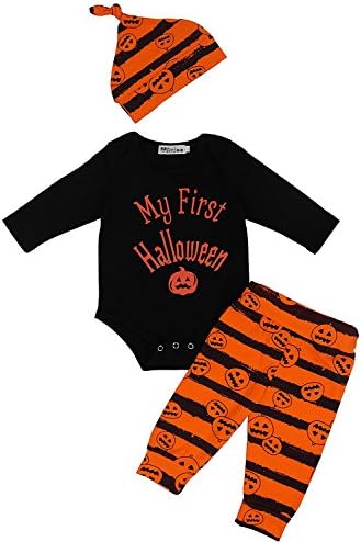 Sleezy Newborn Infant Baby Girls Boys Long Sleeves Holloween Romper Pumpkin Pants Hat Baby Cloth Outfit for 0-24 Months (Tag 60/ 0-3 Months, Black)