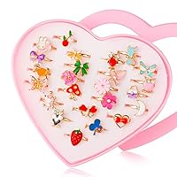 Hifot 24 pcs Little Girls Adjustable Rings, Princess Jewelry Finger Rings with Heart Shape Box, Girl Pretend Play and Dress up Rings for Children Kids - Random Style