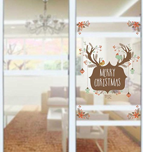 BIBITIME Merry Christmas Wall Quotes Elk Antler Branch Flower Birds Decals for Living Room Shop Glass Door Display Window Bathroom Toilet Lid Seat Cover Decor Sticker DIY - Thumbnail 4