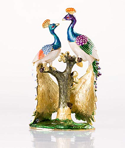 SEVENBEES Hand Painted Pair of Peacocks Figurine Enamel Hinged Jewelry Trinket Box