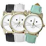 Top Plaza 3pcs Women's Platinum Plated Mini Cat Face Shape Rhinestone Ear Dial Analog Quartz Watch, Black/Green/White