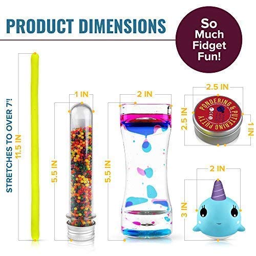 Fidget Toys Mix Pack - Mixed Pack of 5 Sensory Toys for Stress Relief Includes Liquid Motion Timer, Slow Rising Squishy Toy, Color Changing Therapy Putty for Kids, Stretchy Noodle, Kids Water Beads