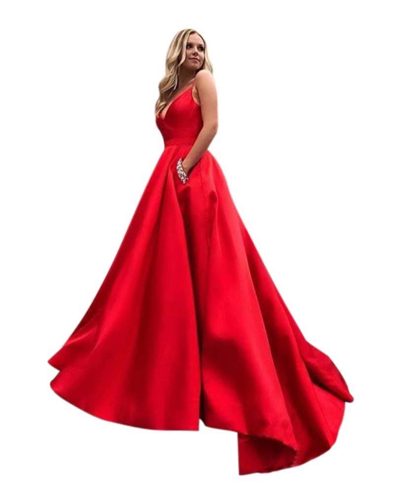 XJLY Women's Sexy V Neck Beaded Prom Dresses Spaghetti Straps A Line