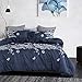 Wake In Cloud - Navy Blue Duvet Cover Set, Gray Grey Floral Flowers Tree Leaves Pattern Printed, Soft Microfiber Bedding Zipper Closure (3pcs, Queen Size)