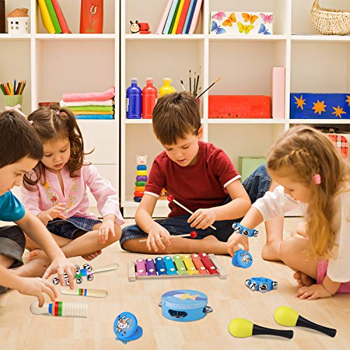 Firlar Baby Musical Instruments Toy Sets, 14 Pieces Music Wooden Education Toys with Tambourine Xylophone Percussion Instruments for Early Learning Toys for Toddler Boys Girl Gifts