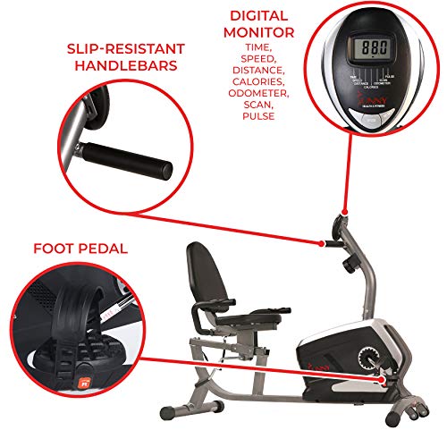 Sunny Health & Fitness Recumbent Bike Exercise Bike with Digital Monitor, 300 lb
