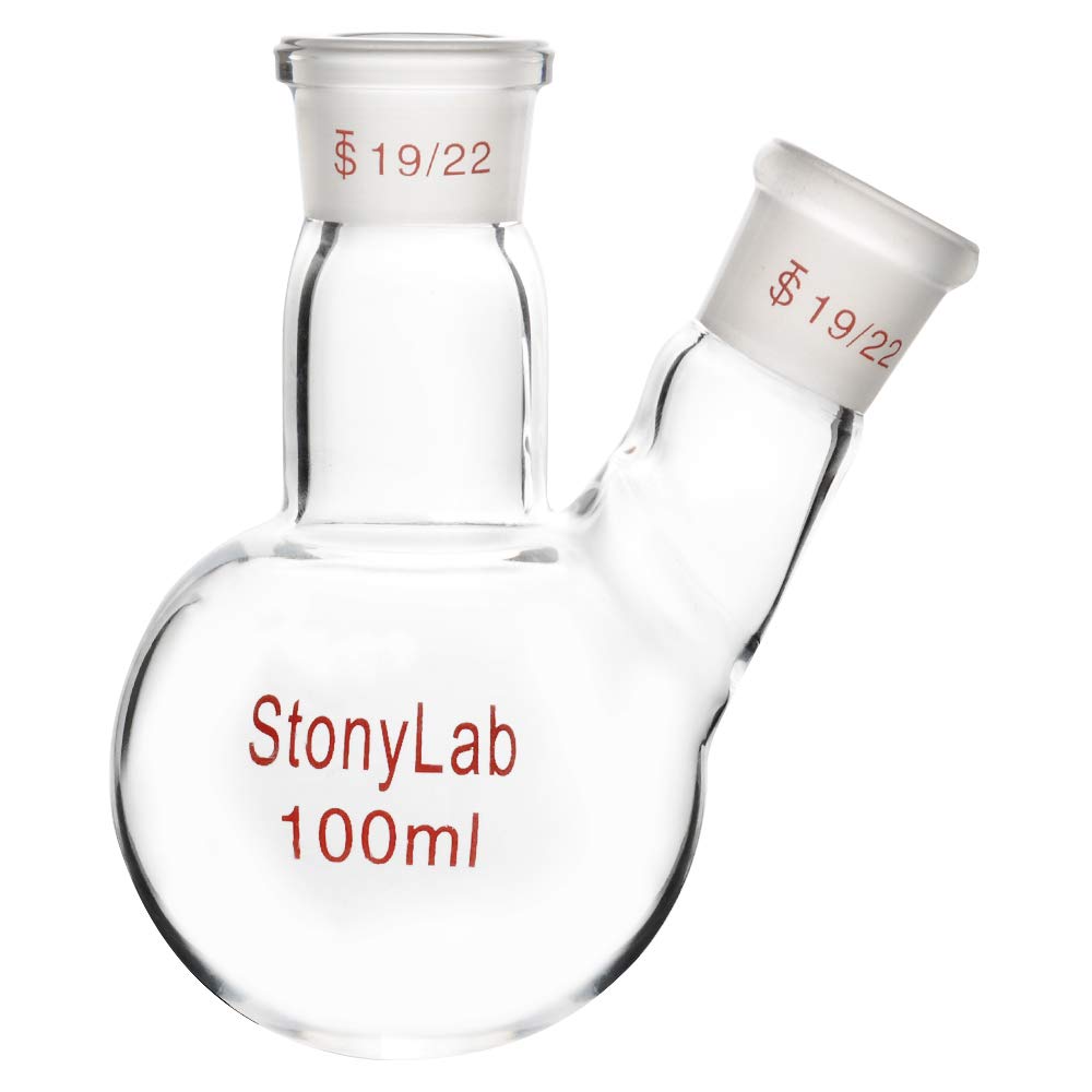 StonyLab Glass 100ml Heavy Wall 2 Neck Round Bottom Flask RBF, with 19/22 Center and Side Standard Taper Outer Joint, 100ml