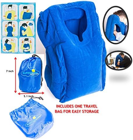 Soft inflatable travel pillow supporting your neck which helps sleeping easier BONUS comes with lightweight carrying bag to take on airplane car office for adults and kids | Perfect christmas gift