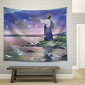 Image of Jesus Feeding The Birds at The Seaside, Original Oil Painting on Canvas - Fabric Wall Tapestry Home Decor - 51x60 inches