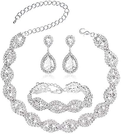 Choker Necklace for Women - Jewelry Sets for Women,Rhinestone Crystal Necklace Link Bracelet Teardrop Dangle Earrings for Women,Party Mother's Day Prom Wedding Fashion Jewelry Gift