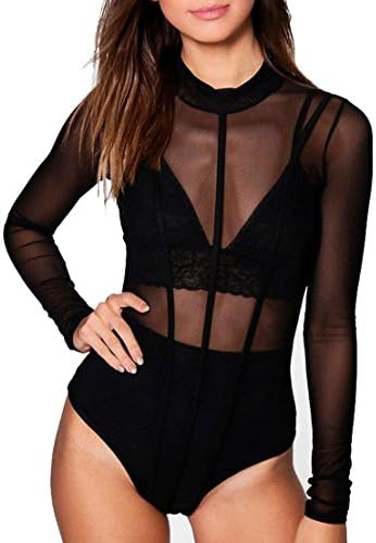Cheapcotton Women's Long Sleeve Pure Mesh Sexy Bodysuit (M, Black)