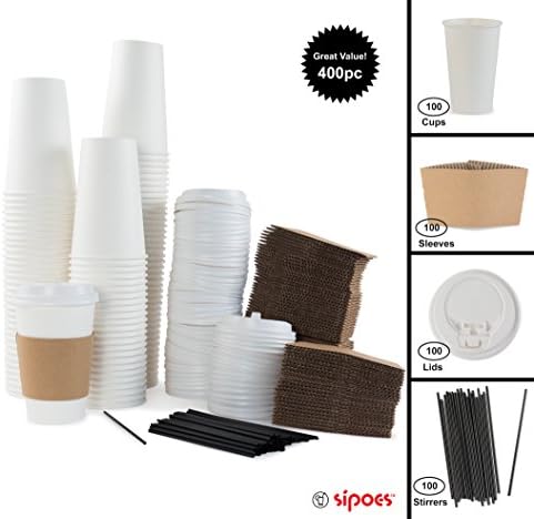 100 Paper Hot Cups With Lids, Sleeves and Stirrers - 16oz Disposable Coffee and Tea Cups for On the Go Beverages - by Sipoes