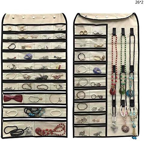 Kaifrly Hanging Jewelry Organizer By Revolving Hanger - Secure Zipper Closure - 57 Pockets & 9 Hooks - Foldable Storage & Display Solution Jewelry Beige