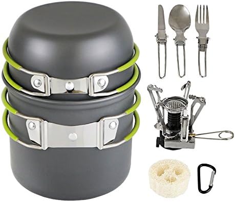 Cooking Sets Non-stick Cookware Mess Kit Includes Pot, Frying Pan, Cleaning Loofah, Stove, Carabiner Canister and Folding Spork Set ¡­