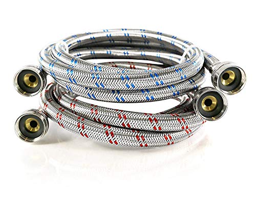 Washing Machine Hose, 6 FT Stainless Steel Burst Proof (2 Pack) Red and Blue Striped Water Connection Inlet Supply Lines - Lead Free - Thumbnail 2