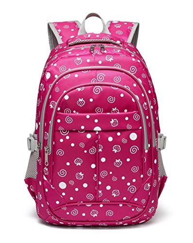 Strawberry and Dots Printed kids Backpack for Girls Children Schoolbag (Rose Red)