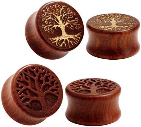 TBOSEN 2 Pairs Set Tree Of Life Organic Wood Tunnels Double Flared Ear Stretcher Saddle Plugs Gauge 00g - 1 inch