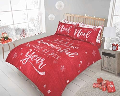 Lyallpur Christmas Xmas Festive Polycotton Duvet Cover Sets with Pillow Cases Bedding (Xmas Chalk Red, King)