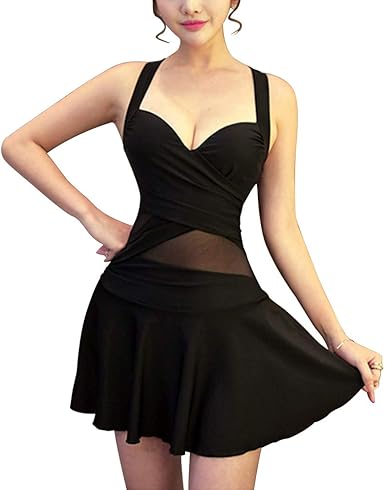 Amazon Com Women S One Piece Dress Low Cut Underwire Swimming Wear V Neck Strap Tops And Mini Skirts Size Xl Black Clothing