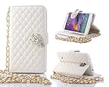 Note 4 Case,Samsung Galaxy Note 4 Case, Welity White Color Bling Rhinestone Camelliae Stylish PU Leather Flip Wallet Credit ID Card Slot Holder Wrist Wrap Chain Phone Case With Stand Cover for Samsung Galaxy Note 4 and one gift