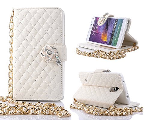 Note 4 Case,Samsung Galaxy Note 4 Case, Welity White Color Bling Rhinestone Camelliae Stylish PU Leather Flip Wallet Credit ID Card Slot Holder Wrist Wrap Chain Phone Case With Stand Cover for Samsung Galaxy Note 4 and one gift