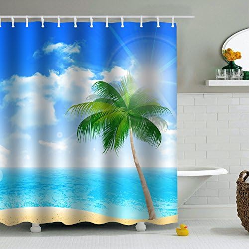 LANGYS 3D Waterproof Polyester Bath Curtain Bathroom Partition Curtain Cloth Bathroom Decoration Sandbeach Bath Curtain