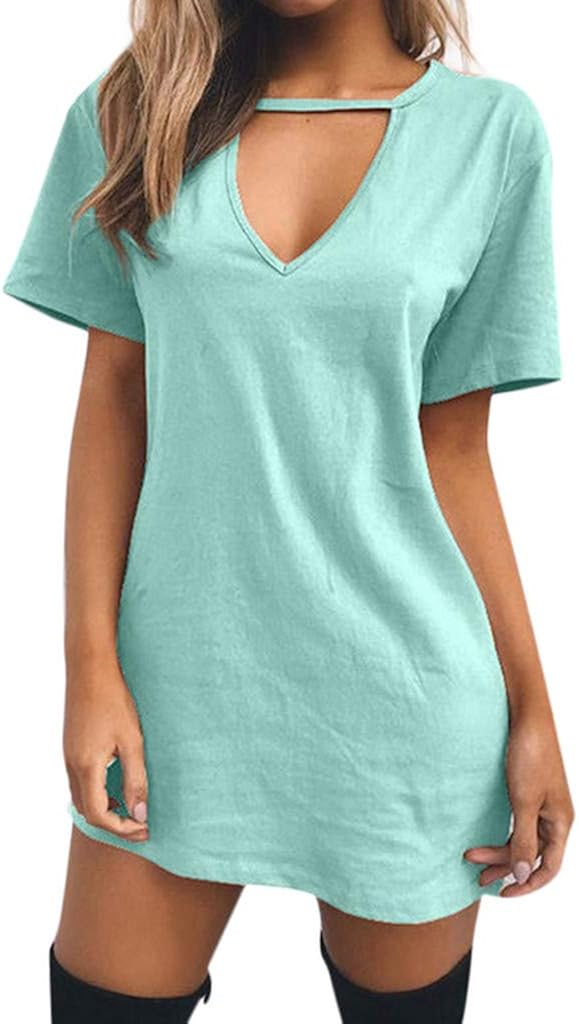 Womens Choker V Neck Long Tops T-Shirt Ladies Casual Party Mini Dress Blouse