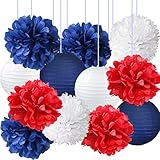 Nautical Party Decor Pom Poms Tissue Paper Lanterns Navy Blue Mixed Red White Patriotic Decorations Captain America Party Supplies for Baby Shower Boy Scout Banquet Birthday Party Decorations