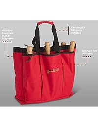 Hermoso juego de 6 piezas de herramientas de mano para jardín, color rojo cerezo, bolsa de almacenamiento resistente a la intemperie, kit de jardinería y plantación esenciales, accesorios de maceta de acero afilados con asas ergonómicas de madera.