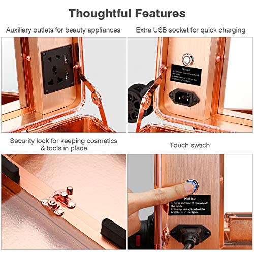 Ovonni LED Makeup Train Case, Lighted Rolling Travel Portable Cosmetic Organizer Box with Mirror and 4 Detachable Wheels, Professional Artist Trolley Studio Free Standing Workstation