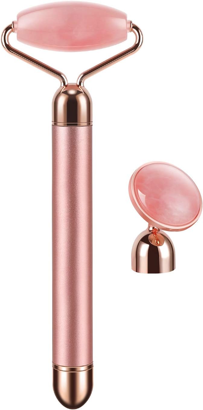 2-in-1 Electric Jade Roller Vibrating Facial Roller & Face Massager, Rose Quartz