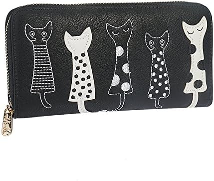 FXTXYMX Women PU Cute Cat Printing Long Wallet Zipper Purse Student Money Clip (Black)