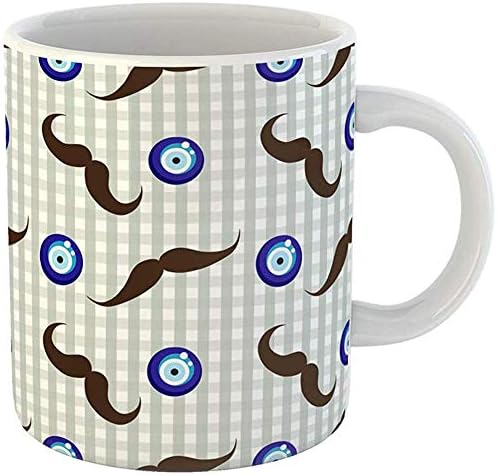 Coffee Tea Mug Gift 11 Ounces Funny Ceramic Amulet Mustache Pattern Evil Eye Bead and Checkered Beard Gifts For Family Friends Coworkers Boss Mug