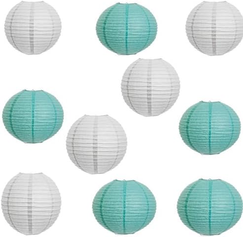 Glitterymall Pack of 10pcs 10'' Indoor/Outdoor Chinese/Japanese Paper Lanterns Decorative for fun/ Wedding Birthday Baby Showers Party Decorations (10'', White and Robin's egg blue Mix)