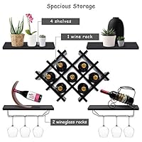 Custpromo Set of 5 Wall Mount Wine Rack Set Bottle & Glass Holder w/Storage Shelves, Home & Kitchen Décor (Black)