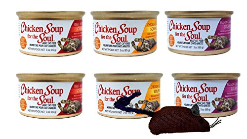 Chicken Soup for the Soul Grain Free Cat Food Souffle 3 Flavor 6 Can Bundle with Toy, 2 each: Chicken, Salmon, and Beef (3 Ounces)