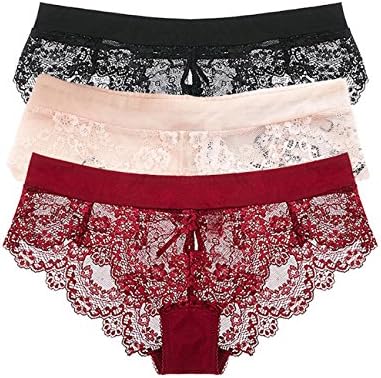 Camelia Women's High End Lace String Georgette Bikini Panty(M/L,Back Bow Lace Hipster Panties,Pack of 3)