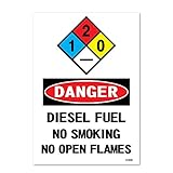 Danger: Diesel Fuel No Smoking No Open Flames, 10" high x 7" Wide, Black/Red on White, Self Adhesive Vinyl Sticker, Indoor and Outdoor Use, Rust Free, UV Protected, Waterproof