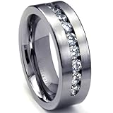 8 MM Men's Titanium ring wedding band with 9 large Channel Set CZ