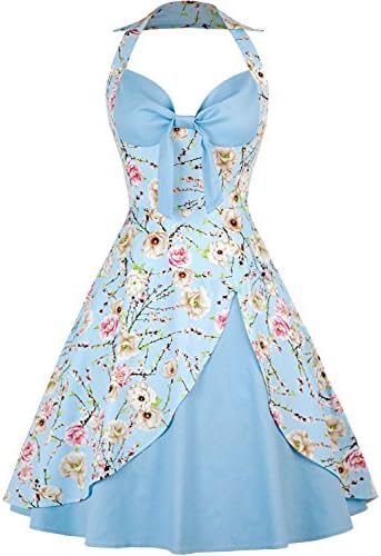OLADY Women's Vintage 1950s Halter Floral Rockabilly Audrey Cocktail Swing Dress
