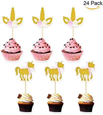 BQUQO Unicorn Cupcake Toppers 12 Gold Glitter Unicorn Stand 12 Unicorn Horn Mini Cake Decorating Suppliers