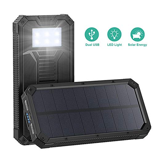 Solar Charger, STOON 15000mAh Solar Power Bank Phone Charger with Dual USB Ports for iPhone, iPad, Galaxy and More, Portable External Battery Pack with 6 LED Lights for Outdoor Camping Travelling