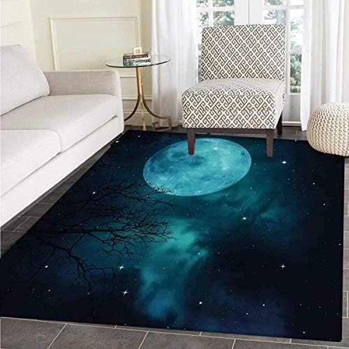 VORMOR Space Area Rug Carpet Moon on Starry Sky Universe Cosmos Space Themed Mystical Twilight Celestial Scenery Living Dining Room Bedroom Hallway Office Carpet Petrol Blue