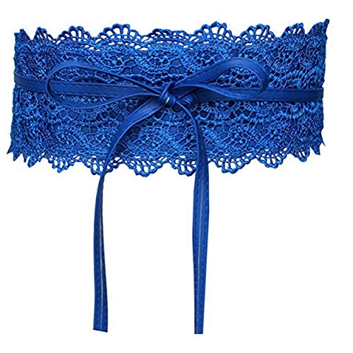 Women's Lace Belt Bow Tie Wrap Around Obi Waist Band Cincher Boho Soft PU Faux Leather For Dresses (Royal Blue)