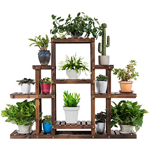 Giantex Flower Rack Wood Plant Stand Wood Shelves Bonsai Display Shelf Indoor Outdoor Yard Garden Patio Multifunctional Storage Rack Bookshelf W/Hollow-Out Rack (47.5″Lx 10”Wx 38”H (6 Tier))