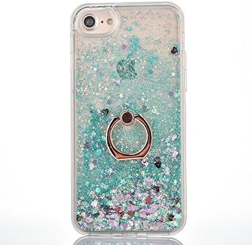 iPhone 7 Plus Quicksand Case, GreenDimension Green Sparkle Love Heart Diamonds Running Glitter Flowing Liquid Floating Bling Sparkle Hard PC Back Soft TPU Rubber Bumper + 360 Rotating Stand Ring Grip
