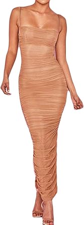 spaghetti strap mesh ruched bodycon dress
