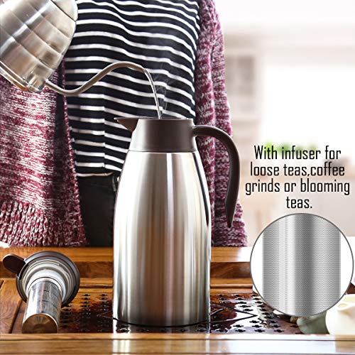 68 Oz Stainless Steel Thermal Coffee Carafe with Free Brush, Double Walled Vacuum Thermos Pot for Coffee, Tea and Hot Water, 2 Litre