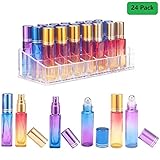 Essential Oil Roller Bottles - BEATTYCARE 10ml Glass Bottle for Essential Oils 24 Pack(12 Spray Square 12 Roller Round)Makeup Organizer, Stainless Steel Roller Balls, 3 Rainbow Color for Travel Gifts